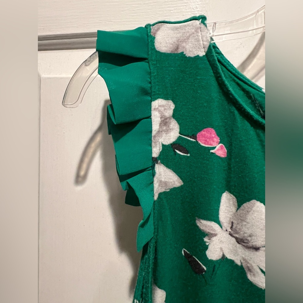 2 Pc PJ Set💚 Green Floral Ruffle Cap Sleeve Top & Pants w Pockets - Picture 4 of 11